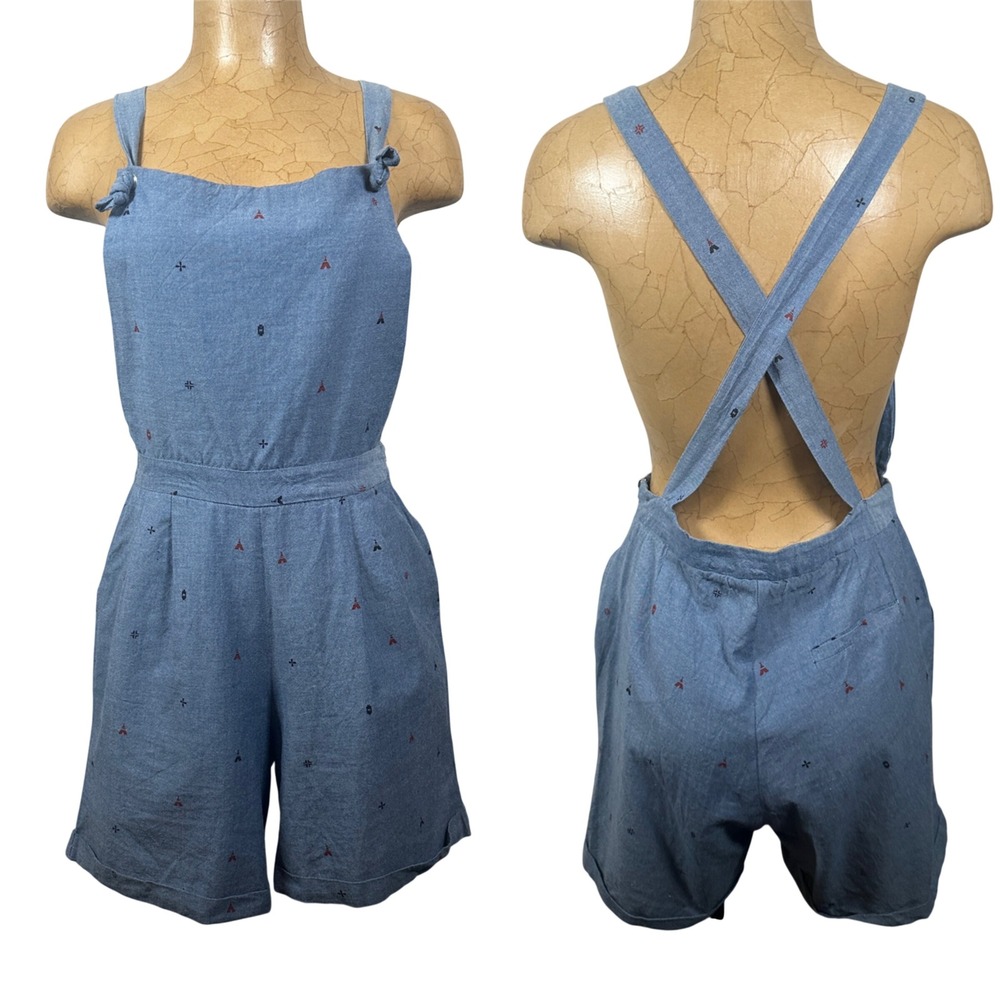 Seen Worn Kept Western Blue Chambray Embroidered Romper Cowgirl overall short